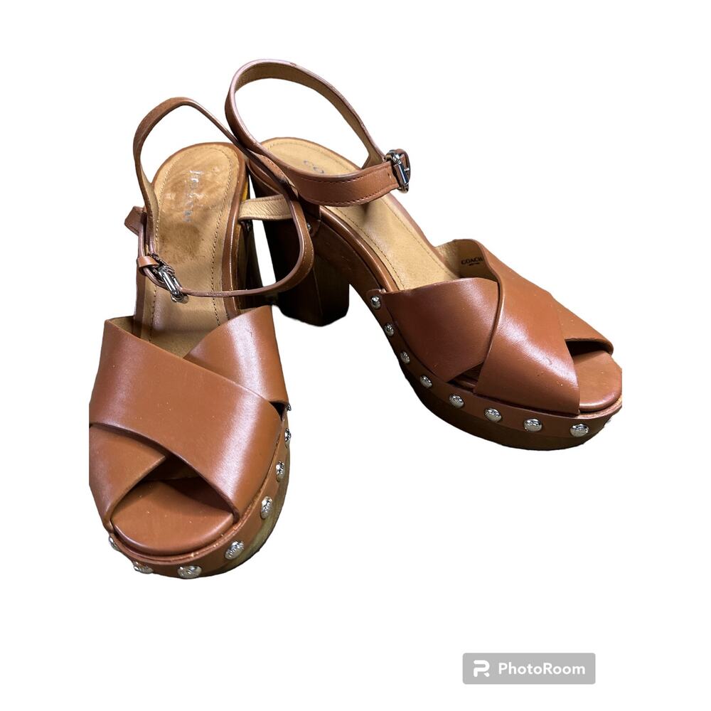 Coach Viola Vegan Leather Wooden Platform Buckle Brown Studded Heels Size 8.5